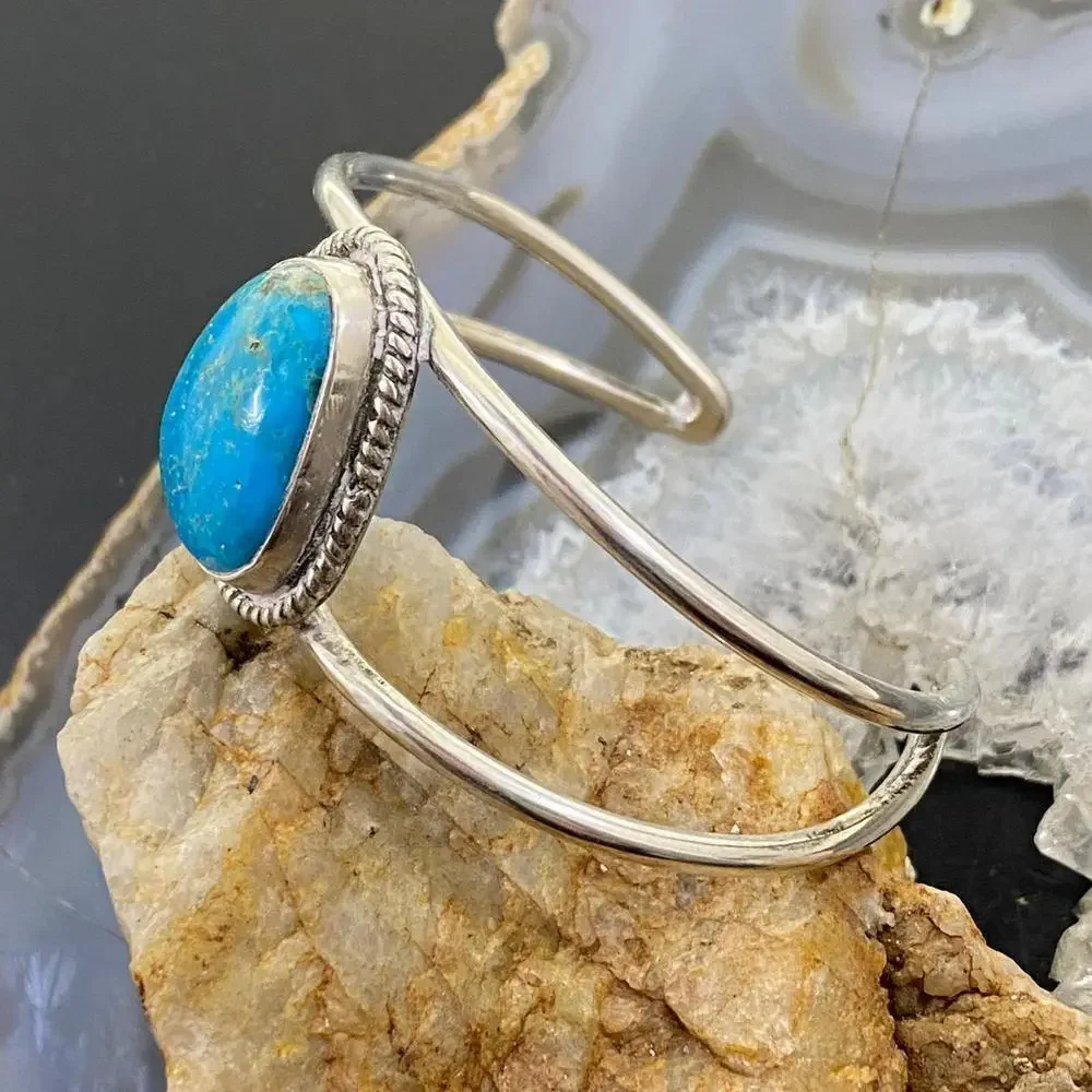 Vintage Native American Silver Turquoise Split Shank Bracelet For Women